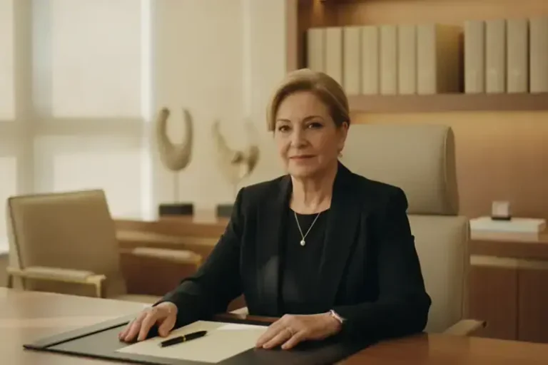 אישה בשנות השישים יושבת לשולחן במשרד עורכי דין מואר עם דף ריק ועט, לקראת עריכת הנחיות מקדימות למינוי אפוטרופוס