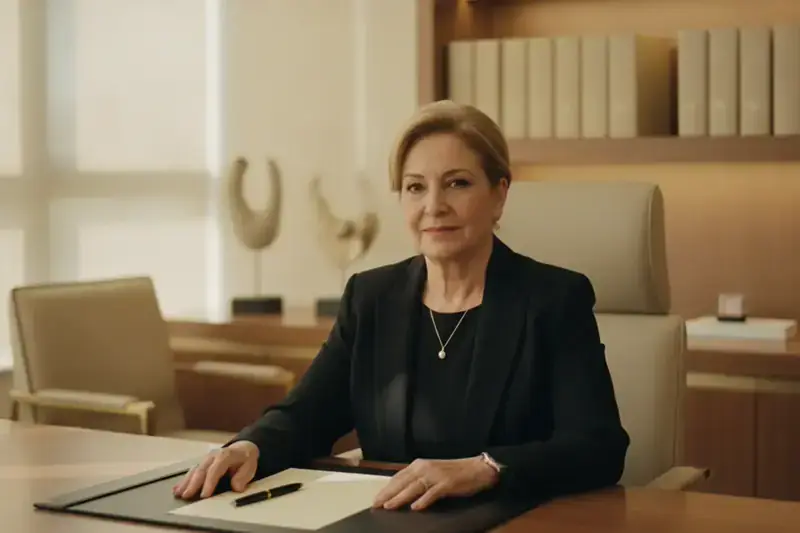 אישה בשנות השישים יושבת לשולחן במשרד עורכי דין מואר עם דף ריק ועט, לקראת עריכת הנחיות מקדימות למינוי אפוטרופוס