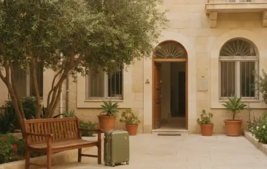 חצר כניסה משותפת של בניין מגורים ישראלי עם ספסל ומזוודה, בהקשר של השכרה לטווח קצר בבית משותף