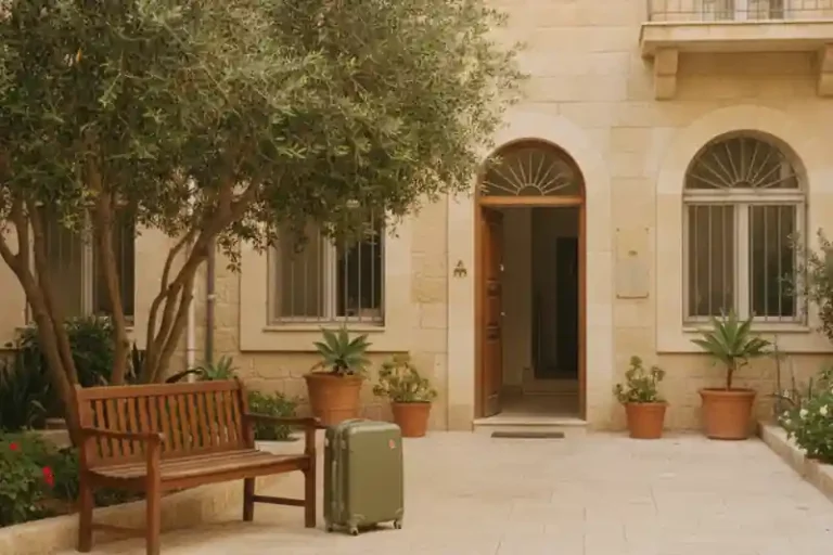 חצר כניסה משותפת של בניין מגורים ישראלי עם ספסל ומזוודה, בהקשר של השכרה לטווח קצר בבית משותף