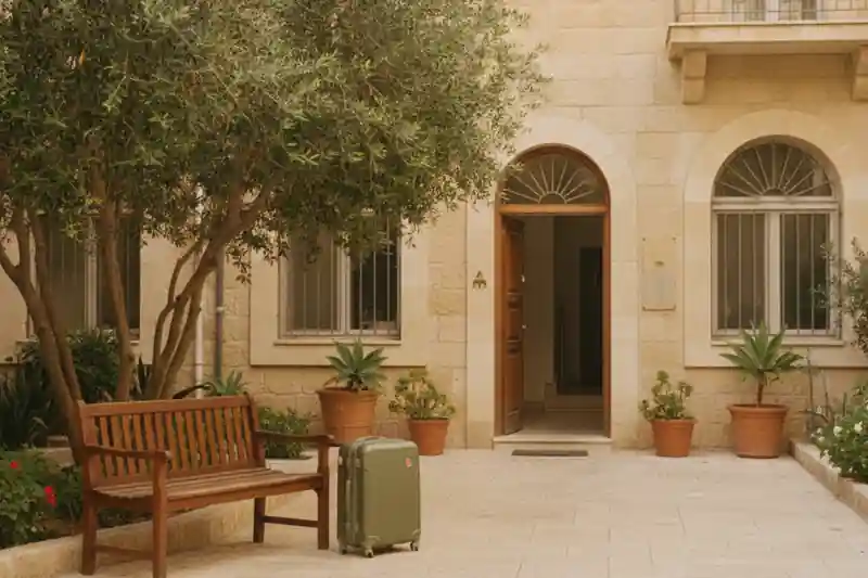 חצר כניסה משותפת של בניין מגורים ישראלי עם ספסל ומזוודה, בהקשר של השכרה לטווח קצר בבית משותף