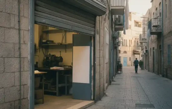 חזית בית מלאכה עצמאי ברחוב ישראלי בשעת שקיעה, התריס מורם למחצה, המחשה לעיקול כספים אצל לקוחות של חייב עצמאי