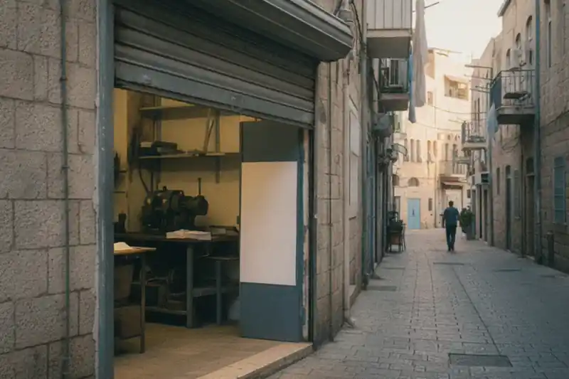 חזית בית מלאכה עצמאי ברחוב ישראלי בשעת שקיעה, התריס מורם למחצה, המחשה לעיקול כספים אצל לקוחות של חייב עצמאי