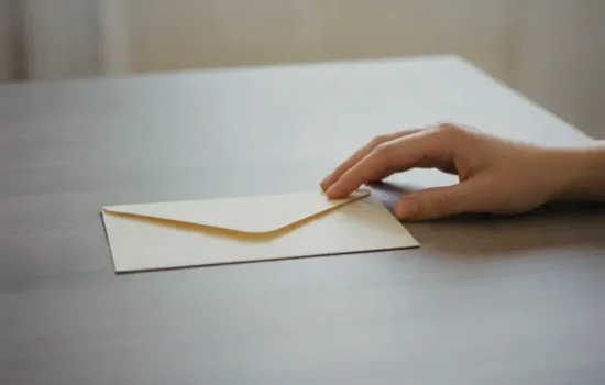 מעטפה סגורה על שולחן עם יד מרוחקת ממנה