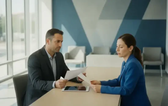 לקוח ונציגת בנק יושבים משני צדי דלפק בסניף מואר ומנהלים שיחה עניינית