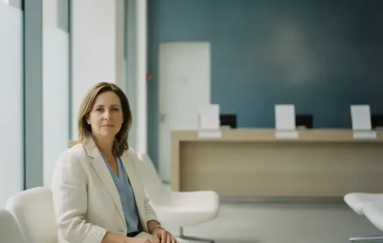 אישה בשנות הארבעים יושבת באזור המתנה מואר בסניף בנק עם תיקייה על ברכיה, על רקע שעבוד פיקדון ומימושו