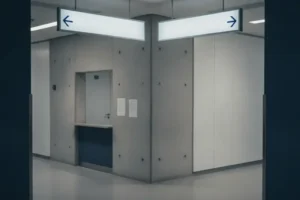 שני שלטי כיוון ריקים ללא כיתוב בצומת מסדרון