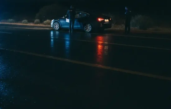 עצירת רכב בצד הדרך בלילה עם השתקפות אור כחול על אספלט רטוב