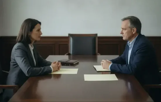 עורך דין ולקוח יושבים משני צדי שולחן עץ כהה בשיחה עניינית, על רקע חשד למעילה באמון במקום העבודה