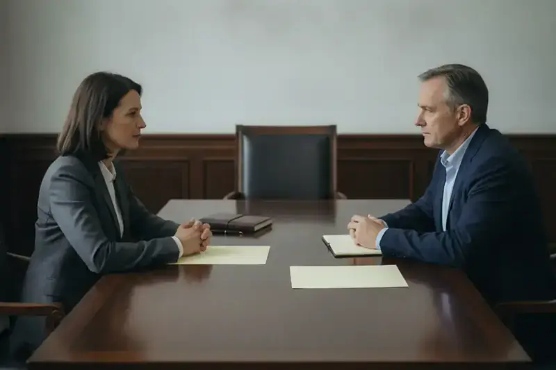 עורך דין ולקוח יושבים משני צדי שולחן עץ כהה בשיחה עניינית, על רקע חשד למעילה באמון במקום העבודה
