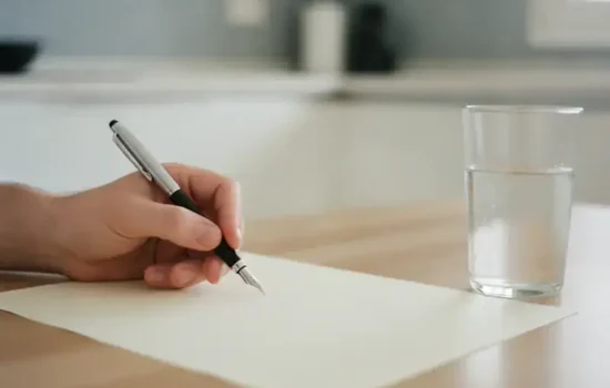 יד אוחזת עט מעל דף ריק על שולחן מטבח בהיר לצד כוס מים, לקראת בקשה לעדכון מזונות בעקבות שינוי הכנסה