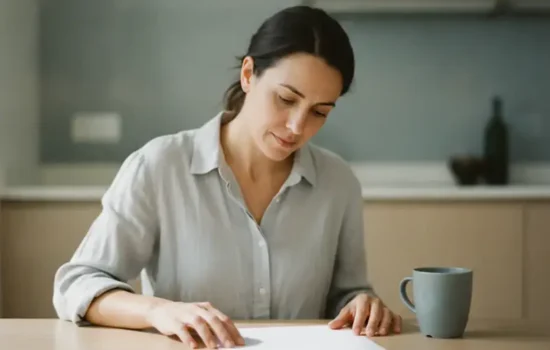 אם יושבת לשולחן מטבח מואר ובוחנת דף ריק בנוגע לביטוח הבריאות של ילדיה אחרי גירושין