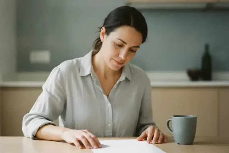אם יושבת לשולחן מטבח מואר ובוחנת דף ריק בנוגע לביטוח הבריאות של ילדיה אחרי גירושין
