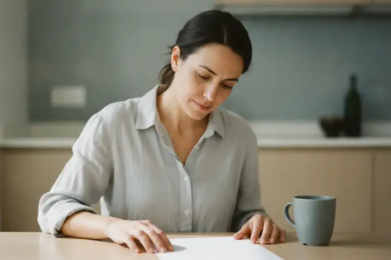 אם יושבת לשולחן מטבח מואר ובוחנת דף ריק בנוגע לביטוח הבריאות של ילדיה אחרי גירושין