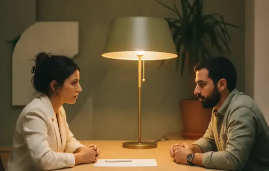 שני אנשי עסקים יושבים לשולחן עץ במשרד בשעת ערב תחת מנורה חמה בשיחה עניינית