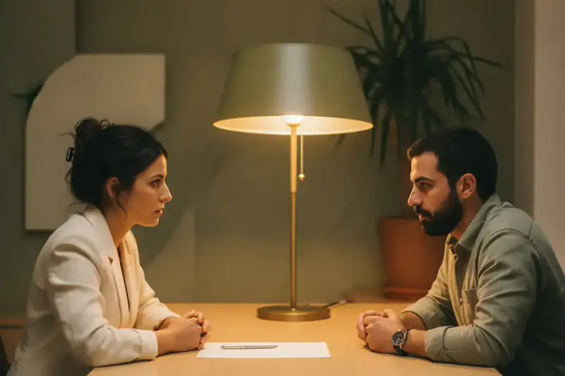 שני אנשי עסקים יושבים לשולחן עץ במשרד בשעת ערב תחת מנורה חמה בשיחה עניינית