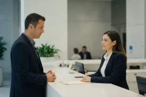 גבר עומד מול דלפק בנק ופקידה מקשיבה מעברו השני