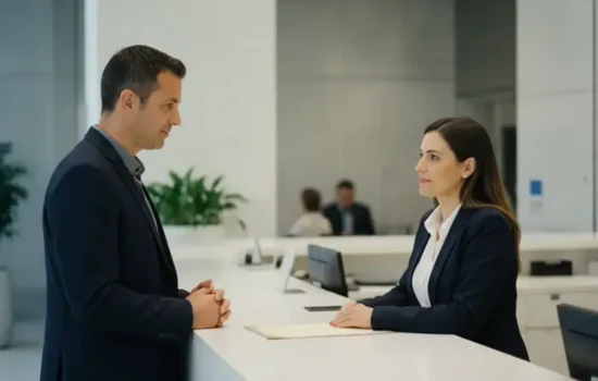גבר עומד מול דלפק בנק ופקידה מקשיבה מעברו השני