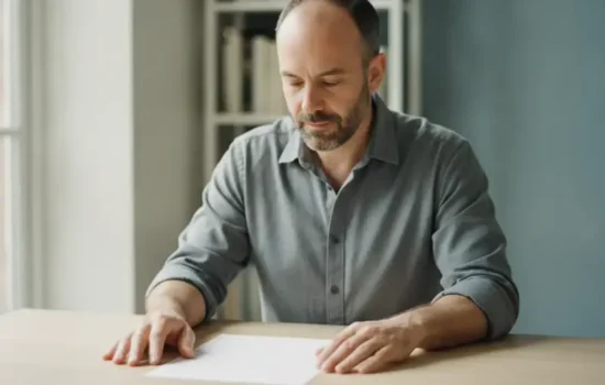 גבר יושב במשרד ביתי ובוחן מסמך, בודק את נתוני האשראי שלו אחרי הליך הוצאה לפועל