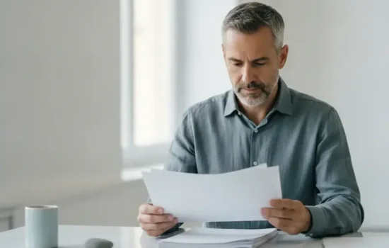גבר יושב בשולחן משרדי ובוחן ערימת דפים ריקים