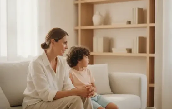 הורה וילד יושבים יחד על ספה בסלון מואר ומשוחחים