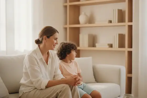 הורה וילד יושבים יחד על ספה בסלון מואר ומשוחחים