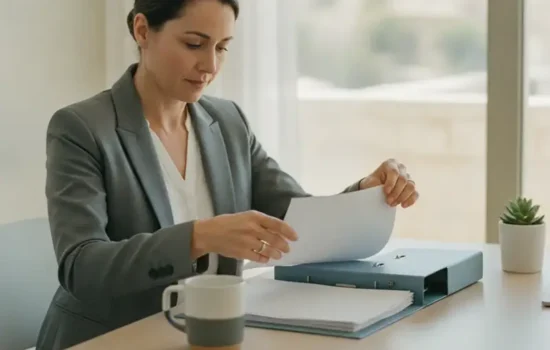 אישה ממיינת מסמכים לתוך קלסר על שולחן עבודה מואר, בהקשר של המשך גבייה מהעיזבון לאחר פטירת החייב