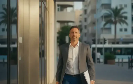 גבר יוצא ממבנה ציבורי לרחוב עירוני בשעת זהב עם תיקייה ביד והבעה של הקלה, לאחר סילוק חוב בהוצאה לפועל