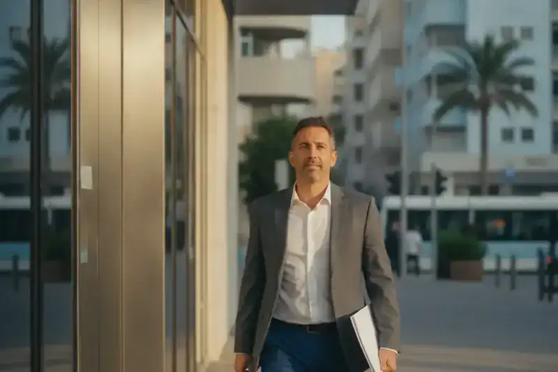 גבר יוצא ממבנה ציבורי לרחוב עירוני בשעת זהב עם תיקייה ביד והבעה של הקלה, לאחר סילוק חוב בהוצאה לפועל