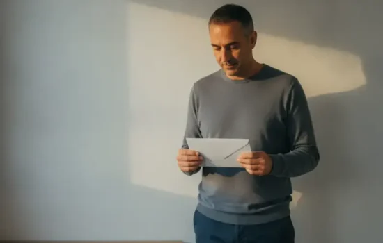 אדם עומד בביתו ומחזיק מעטפה לבנה סגורה אחרי שגילה תיק הוצאה לפועל בלי שקיבל אזהרה