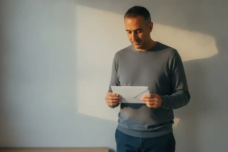 אדם עומד בביתו ומחזיק מעטפה לבנה סגורה אחרי שגילה תיק הוצאה לפועל בלי שקיבל אזהרה