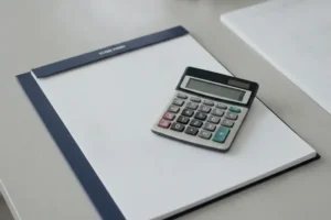 מחשבון ופנקס ריק על שולחן משרדי מסודר