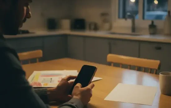 הורה יושב לשולחן המטבח בערב ומחזיק טלפון, לצד ציור ילדים, בהקשר של פרסום תמונות ילדים ברשת