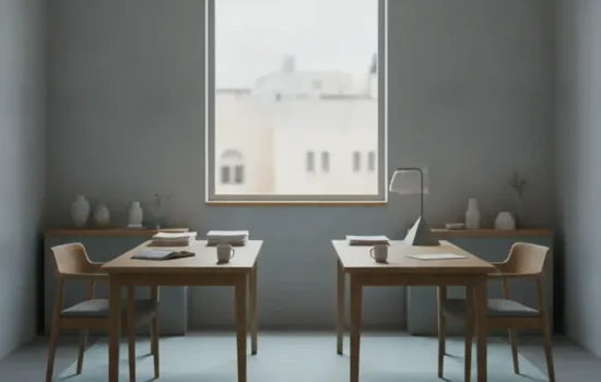 שני שולחנות עבודה זה מול זה במשרד קטן ריק