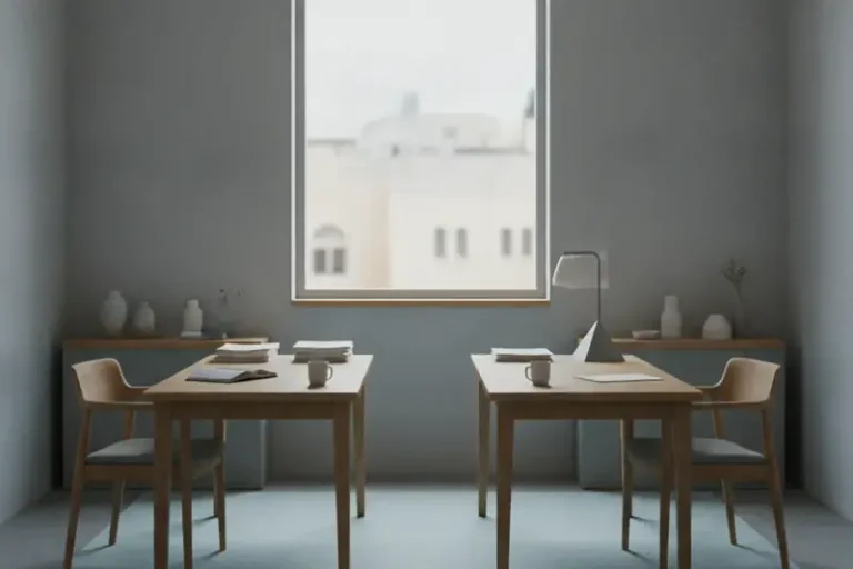 שני שולחנות עבודה זה מול זה במשרד קטן ריק