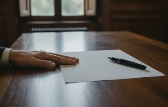 יד מונחת על שולחן עץ כהה במשרד עורך דין לצד דף ריק ועט, בהקשר של עבירת זיוף מסמכים וחתימה