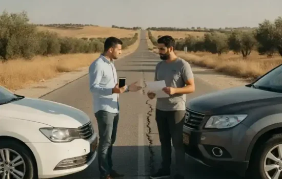 שני נהגים מחליפים פרטים בין רכביהם בצד הדרך