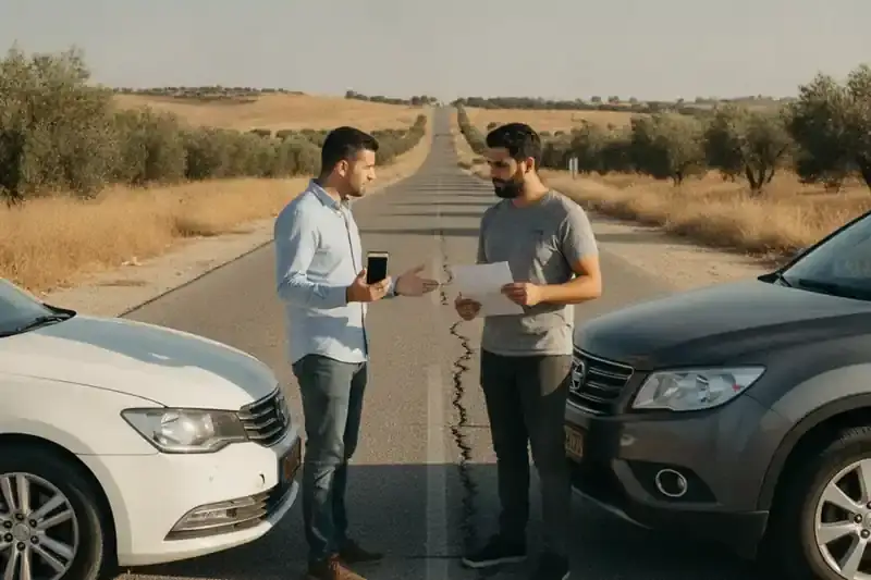 שני נהגים מחליפים פרטים בין רכביהם בצד הדרך