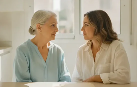 אם קשישה ובתה הבוגרת יושבות יחד לשולחן מטבח מואר ומשוחחות, על רקע בקשה למעמד הומניטרי להורה בישראל