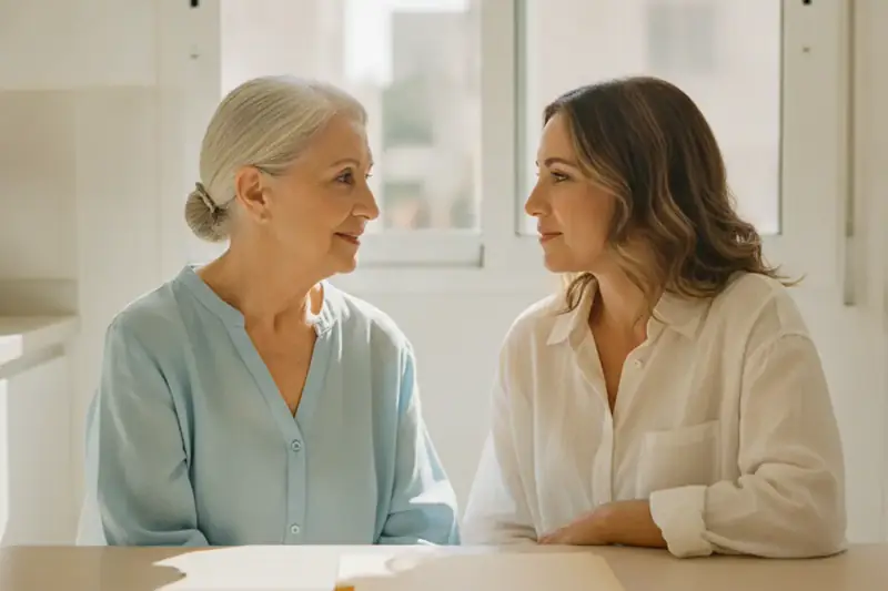 אם קשישה ובתה הבוגרת יושבות יחד לשולחן מטבח מואר ומשוחחות, על רקע בקשה למעמד הומניטרי להורה בישראל