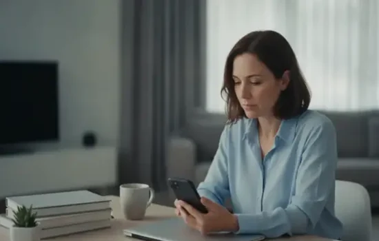 עובדת יושבת בעמדת עבודה ביתית ובוחנת טלפון בריכוז שקט, בהקשר של פיטורים בגלל פוסט ברשת
