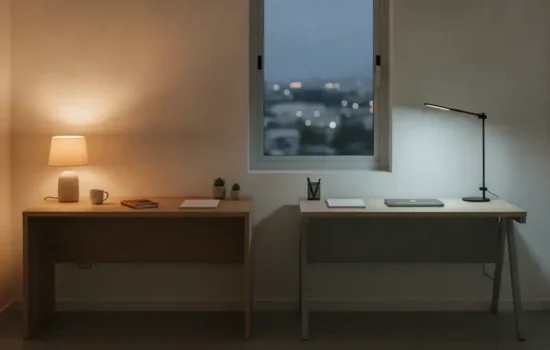 שני שולחנות עבודה בחדר אחד, אחד ביתי ואחד משרדי