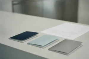 שלושה פנקסי דרכון סגורים וללא סימנים על דלפק