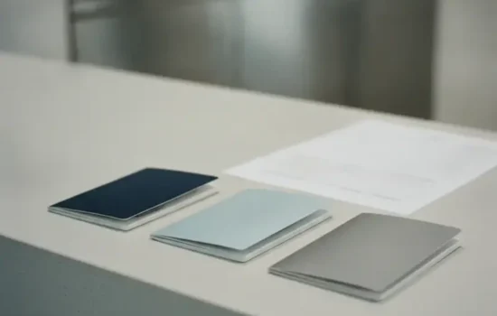 שלושה פנקסי דרכון סגורים וללא סימנים על דלפק