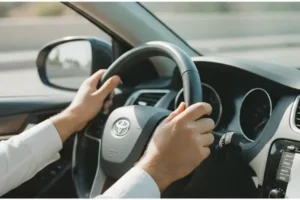 ידיים על הגה מכונית בשעת יום בהירה