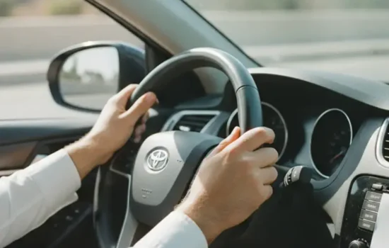 ידיים על הגה מכונית בשעת יום בהירה