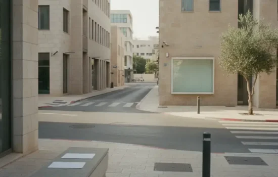 צומת עירוני שקט בשעת אחר צהריים ללא כלי רכב