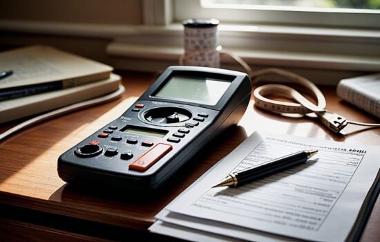 מוט חשמל, סרט מדידה, חשבון ארנונה וספר חשבונות על שולחן ביתי