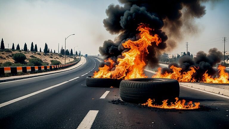 צמיגים בוערים, מחסום כביש, סימני זיהוי של המשטרה, שלט כביש ירושלים-תל אביב