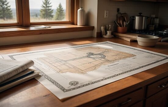 מפה סקר, תעודת שירות צבאי, ותוכניות בנייה על שיש במטבח